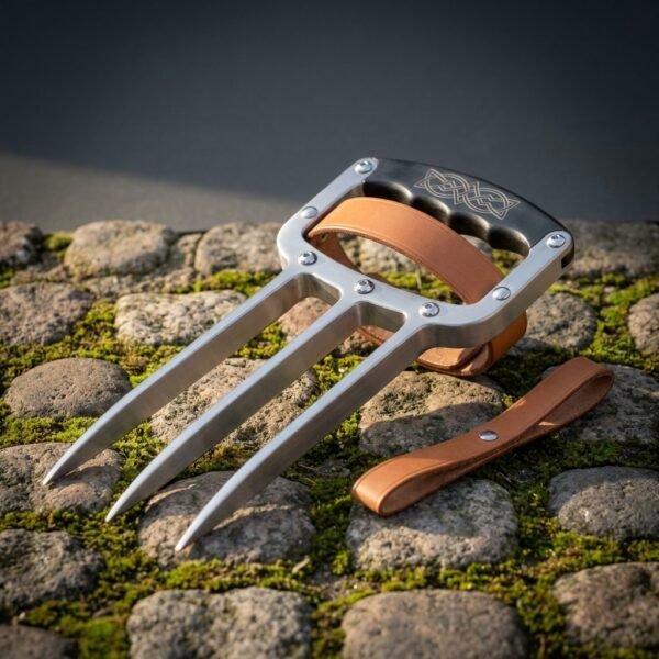 Steel knuckle claw with three tapered polished blades, a black knotwork engraved knuckle plate and a tan leather hand strap, resting on mossy cobblestones
