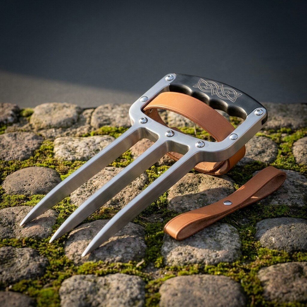 Steel knuckle claw with three tapered polished blades, a black knotwork engraved knuckle plate and a tan leather hand strap, resting on mossy cobblestones