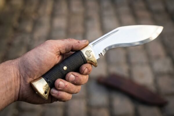 Steel kukri knife with a black cord wrapped grip, raven engraved brass bolster and flared brass butt cap held in hand over cobblestones, sheath behind