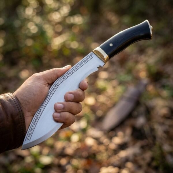 Steel kukri knife with a black horn handle and brass bolster held in one hand in the woods, a line of runes etched along the polished blade