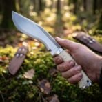 Steel kukri knife with bone handle scales and polished bolster held in hand in woodland, rune etched blade, leather sheath and two small knives behind