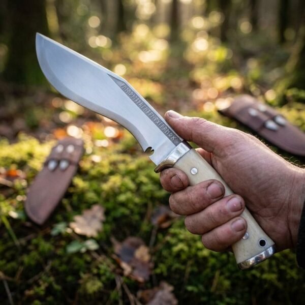 Steel kukri knife with bone handle scales and polished bolster held in hand in woodland, rune etched blade, leather sheath and two small knives behind
