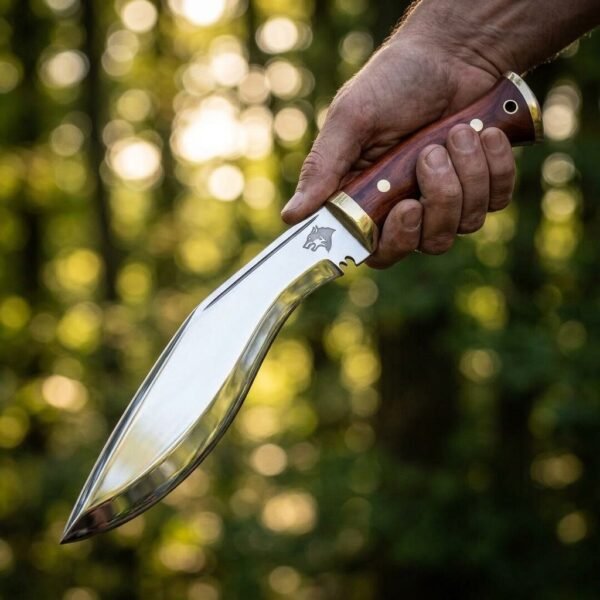 Steel kukri knife with rosewood scales and brass bolster held in hand in sunlit woods, small wolf head etched on the polished blade near the bolster