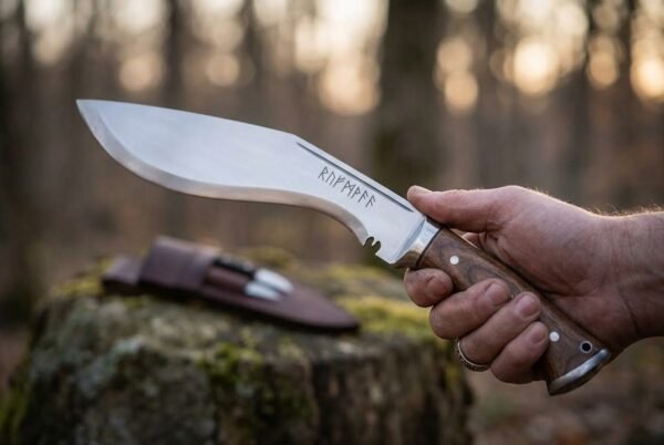 Steel kukri knife with rosewood scales and rune etched blade held in hand in the woods, brown leather sheath with two small knives on a mossy stump