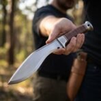 Steel kukri knife with a stacked leather handle and helm of awe etched bolster held out toward the viewer by a man in a dark shirt, tan sheath behind
