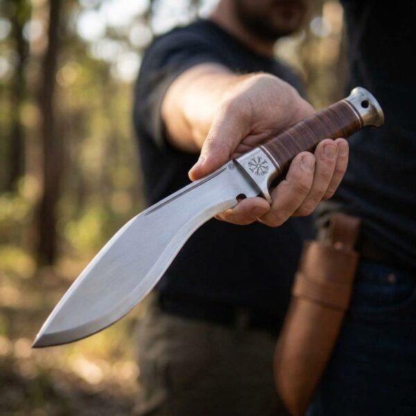 Steel kukri knife with a stacked leather handle and helm of awe etched bolster held out toward the viewer by a man in a dark shirt, tan sheath behind