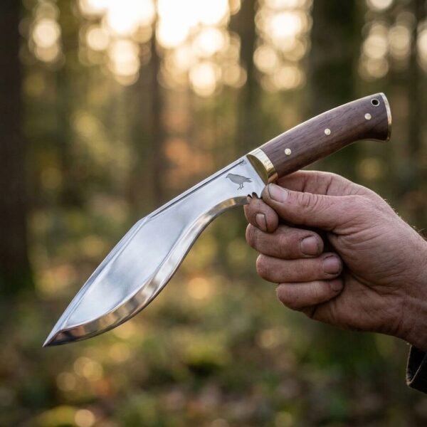 Steel kukri knife with walnut scales, brass bolster and brass pins held in hand in a sunlit forest, small raven etched on the polished blade
