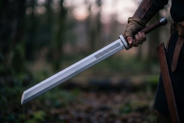 Steel langseax with knotwork etched blade and leather wrapped grip held low in a gloved hand in a dark forest