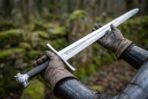 Steel longsword with wolf head pommel and etched knotwork ricasso held flat across two gloved hands in front of a mossy wall
