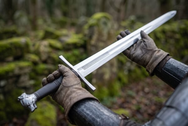 Steel longsword with wolf head pommel and etched knotwork ricasso held flat across two gloved hands in front of a mossy wall