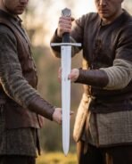 Steel medieval arming sword with faceted pommel and ribbed black leather grip held upright between two men in wool tunics
