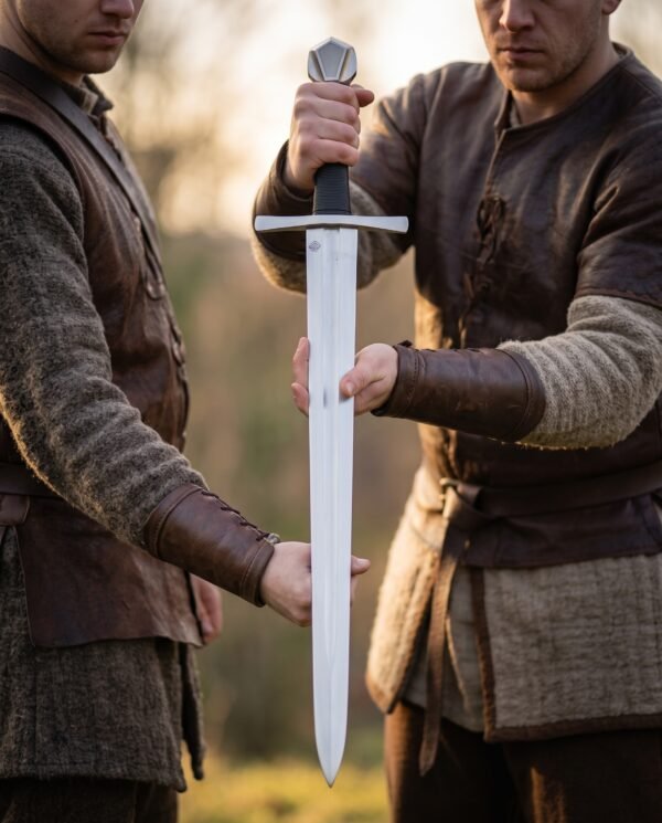 Steel medieval arming sword with faceted pommel and ribbed black leather grip held upright between two men in wool tunics