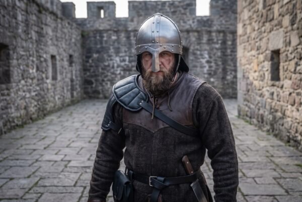 Steel nasal helmet with a riveted dome and brow band worn by a bearded man in a dark tunic inside a stone castle courtyard