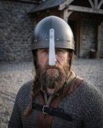 Steel nasal helmet with a rounded skull, knotwork stamped brow band and riveted nasal bar worn by a bearded man in chainmail