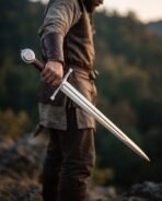 Steel Norse sword with Vegvisir engraved disc pommel and leather grip held point down by a man on a rocky hillside