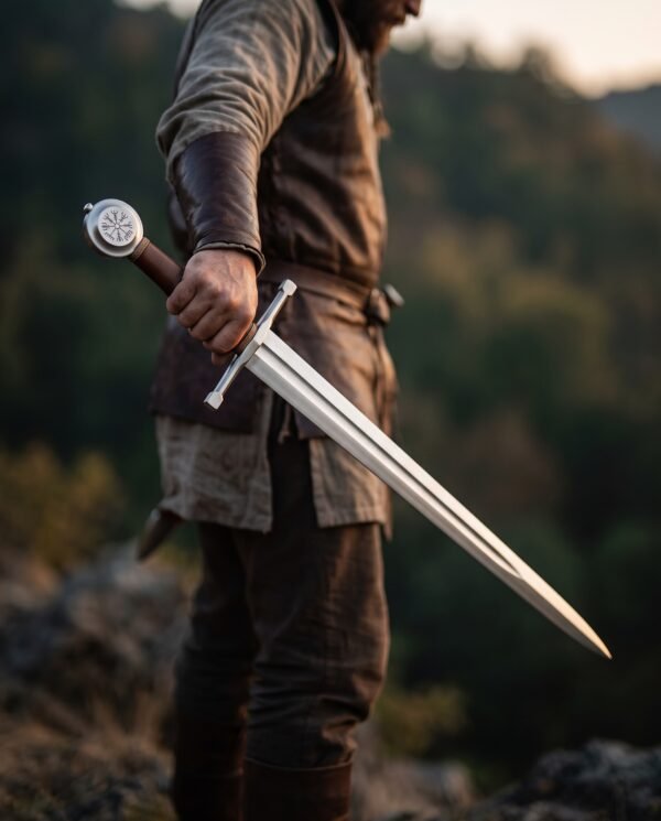 Steel Norse sword with Vegvisir engraved disc pommel and leather grip held point down by a man on a rocky hillside