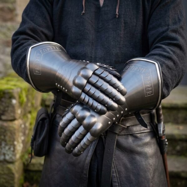 Steel plate gauntlets with articulated finger lames and rune engraved cuffs worn on both hands over a black leather belt