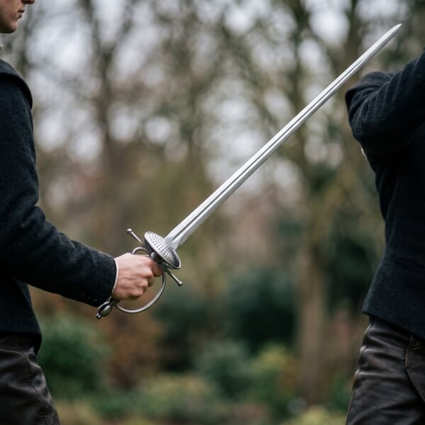 Steel rapier with a pierced dish guard and branch bars held one handed by a man in a dark jacket, blade angled up, bare trees behind