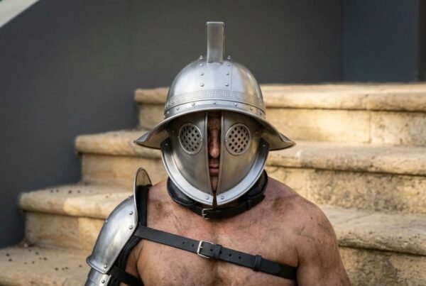 Steel Roman helmet with round pierced eye grilles, wide brim and crest fin worn by a man with a steel shoulder guard and black leather straps