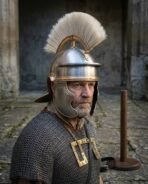 Steel Roman imperial helmet with brass trim and cream horsehair crest worn by a bearded man in a chainmail shirt in a stone courtyard