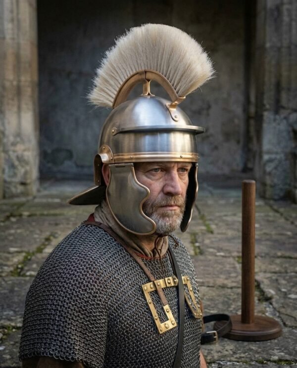 Steel Roman imperial helmet with brass trim and cream horsehair crest worn by a bearded man in a chainmail shirt in a stone courtyard