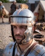 Steel Roman legionary helmet with bronze trim, crest holder and engraved cheek guards worn by a reenactor in camp
