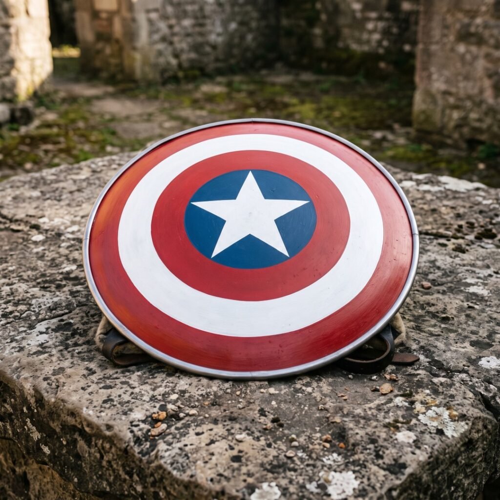 Steel round shield replica painted in concentric red and white bands with a white five pointed star on a blue centre disc, resting on weathered stone