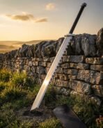 Steel rune sword with sawtooth spine and black grip leaning on a dry stone wall at sunset over its black scabbard
