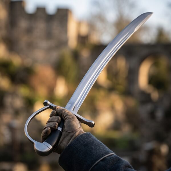 Steel sabre trainer with curved blunt blade held up in a leather glove in front of a ruined castle
