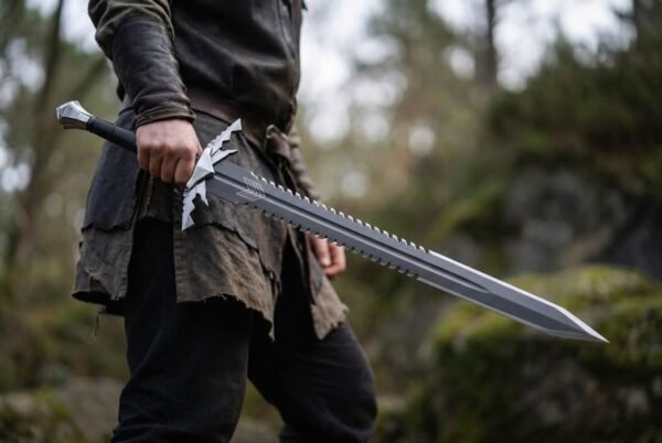 Steel sawback sword with spiked steel guard held blade down at the side of a man in a ragged tunic on rocky ground