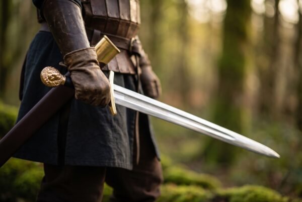 Steel short sword with brass lion head pommel drawn by a gloved hand at the hip of a man in leather armour in a wood