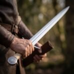 Steel short sword with a cream cord grip and engraved disc pommel held in both hands over a tan leather scabbard