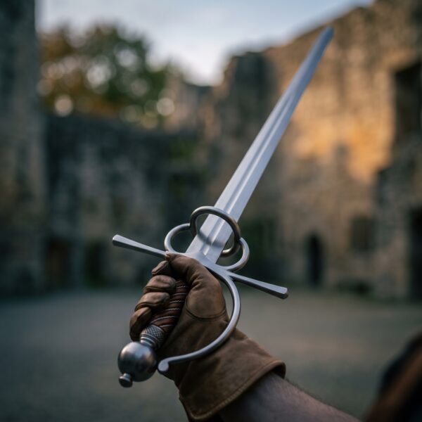 Steel sidesword with side rings and knuckle bow held point up in a gloved hand, wrapped grip and ball pommel, ruined stone courtyard behind