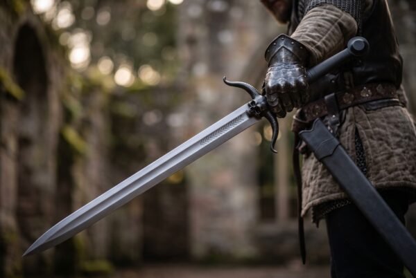 Steel skull sword with blackened horned guard held in a gauntleted hand, scabbard at the hip, ruined stone walls behind