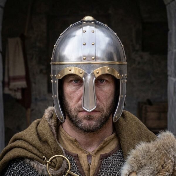 Steel spectacle helmet with a brass brow band, riveted eye guards and domed skull worn by a stern bearded man in fur and chainmail