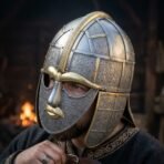 Steel Sutton Hoo helmet with brass eyebrows and embossed panels worn by a bearded man in a dark embroidered tunic beside a fire
