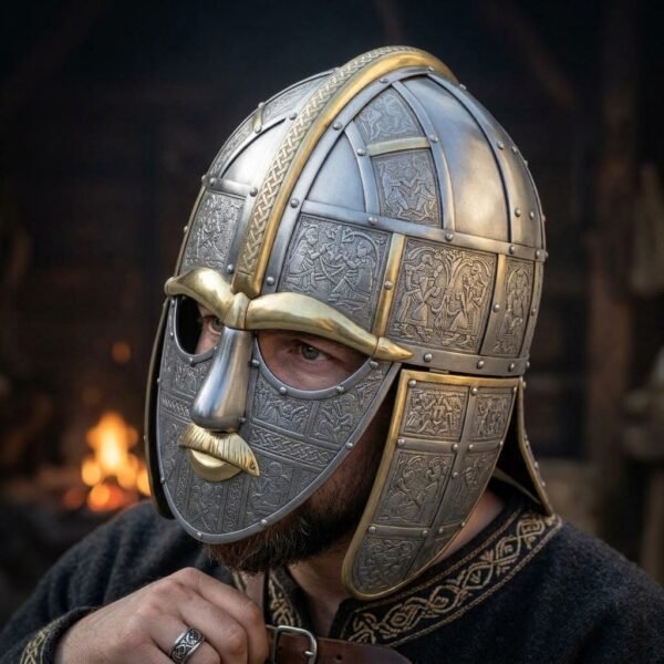 Steel Sutton Hoo helmet with brass eyebrows and embossed panels worn by a bearded man in a dark embroidered tunic beside a fire