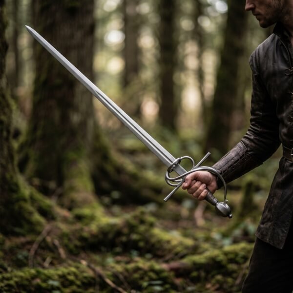 Steel swept hilt sidesword held out in one hand by a man in a dark coat among tall forest trees