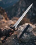 Steel sword with blackened ram horn skull guard and runes on the blade held aloft in a gloved hand against a mountain valley