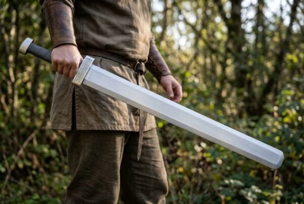 Steel sword with knotwork engraved guard, block pommel and dark grip carried at the hip by a man in a brown tunic in woodland