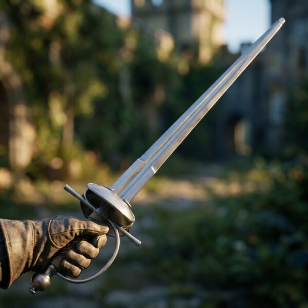 Steel sword with dish guard, side ring and knuckle bow held in a gloved hand in front of blurred castle ruins