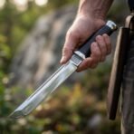 Steel tanto knife with a polished blade, stacked leather handle and knotwork engraved guard held out in hand, rocks and greenery behind