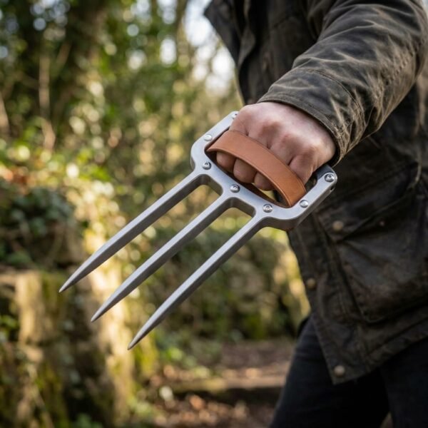 Steel three blade knuckle claw worn on a hand with the tan leather strap over the knuckles, hedgerow out of focus behind