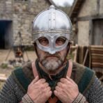 Steel Viking spectacle helmet with a riveted skull and brass brow band worn by a bearded man in a wool tunic and chainmail
