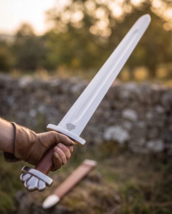 Steel Viking sword with a lobed pommel, brown leather grip and etched valknut at the ricasso held up in a gloved hand at sunset