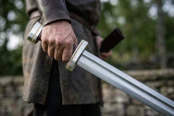 Close up of a steel Viking sword with wheel pommel and brown leather grip held in a man's hand, scabbard tucked under his arm
