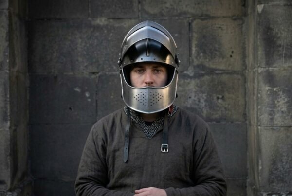 Steel visored helmet with a riveted brow band and perforated bevor worn with a chainmail coif by a man in a grey tunic