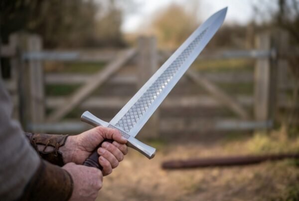 Steel war sword with broad lattice etched blade gripped in two hands in front of a farm gate