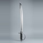 Stirrup hilt sabre trainer with a single D shaped knuckle bow, one quillon, wire over leather grip and a backstrap cap shown against a plain studio backdrop