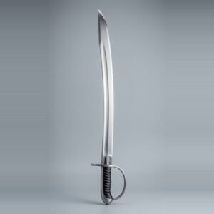 Stirrup hilt sabre trainer with a single D shaped knuckle bow, one quillon, wire over leather grip and a backstrap cap shown against a plain studio backdrop
